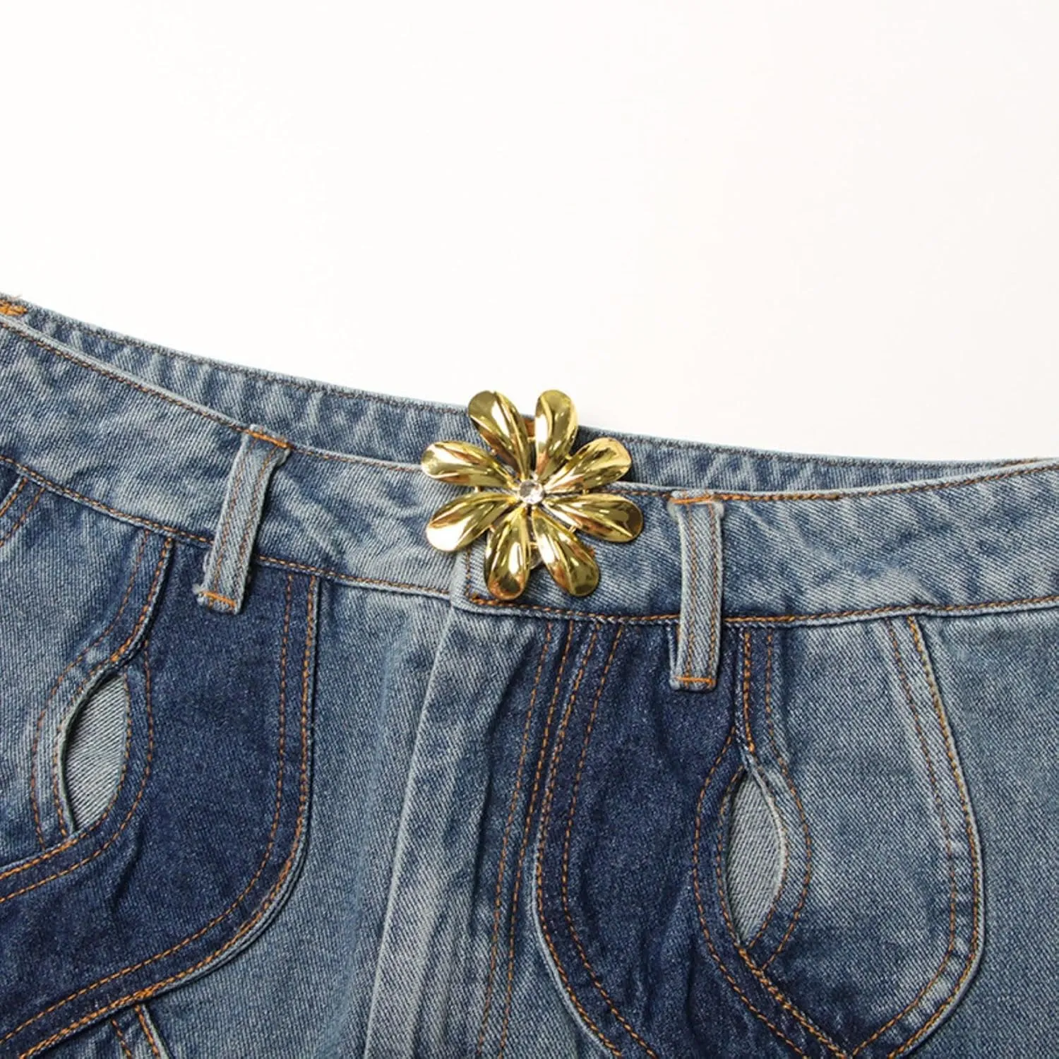 Womens Casual Straight Leg High Rise Cutout Metal Buttoned Jeans Denim Pants Streetwear