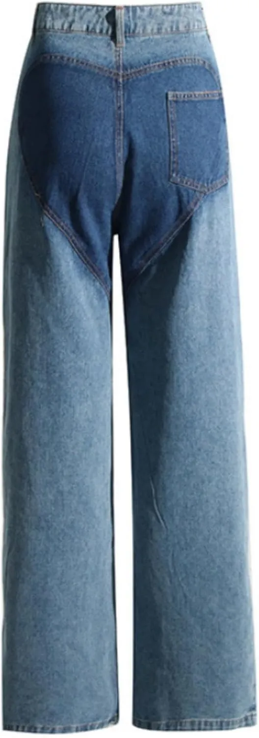 Womens Casual Straight Leg High Rise Cutout Metal Buttoned Jeans Denim Pants Streetwear