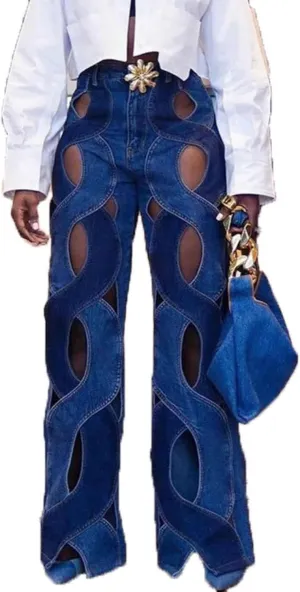 Womens Casual Straight Leg High Rise Cutout Metal Buttoned Jeans Denim Pants Streetwear