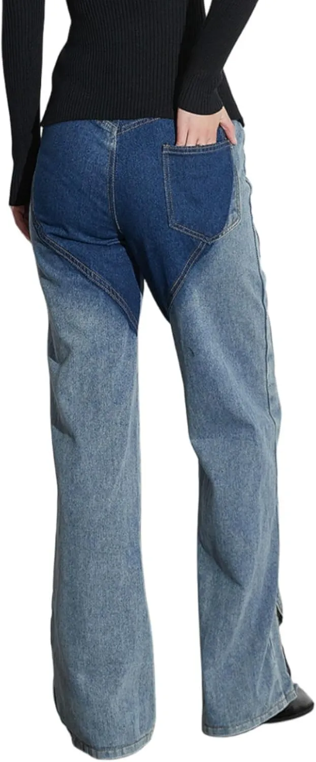 Womens Casual Straight Leg High Rise Cutout Metal Buttoned Jeans Denim Pants Streetwear