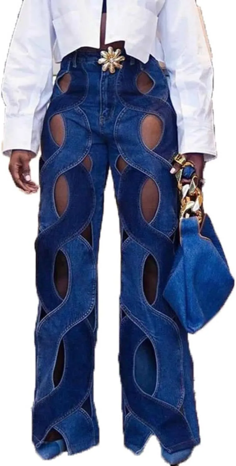 Womens Casual Straight Leg High Rise Cutout Metal Buttoned Jeans Denim Pants Streetwear