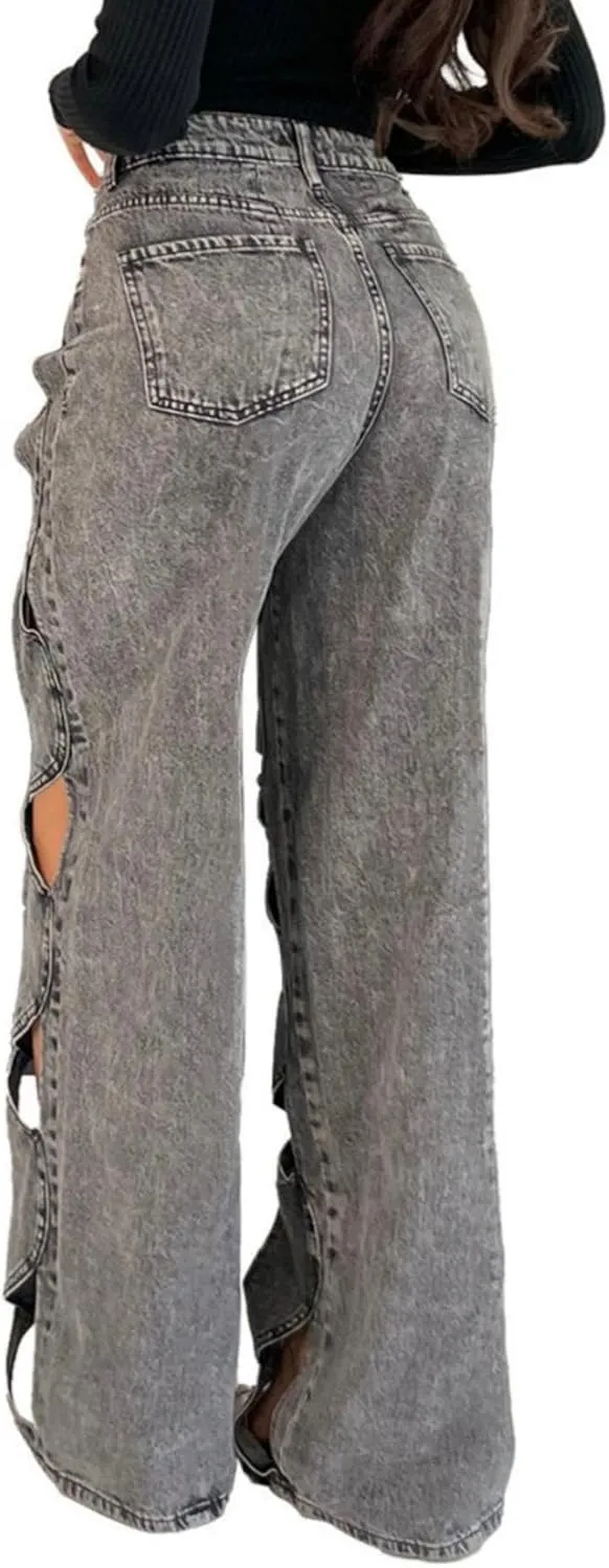 Womens Casual Straight Leg High Rise Cutout Metal Buttoned Jeans Denim Pants Streetwear