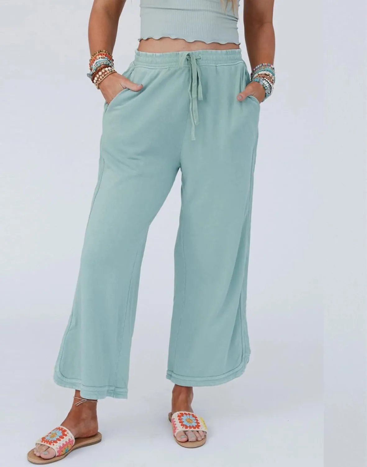 Womens Casual Wide Leg Sweatpants High Waisted Drawstring Palazzo Pants Summer Loose Lounge Pants with Pockets