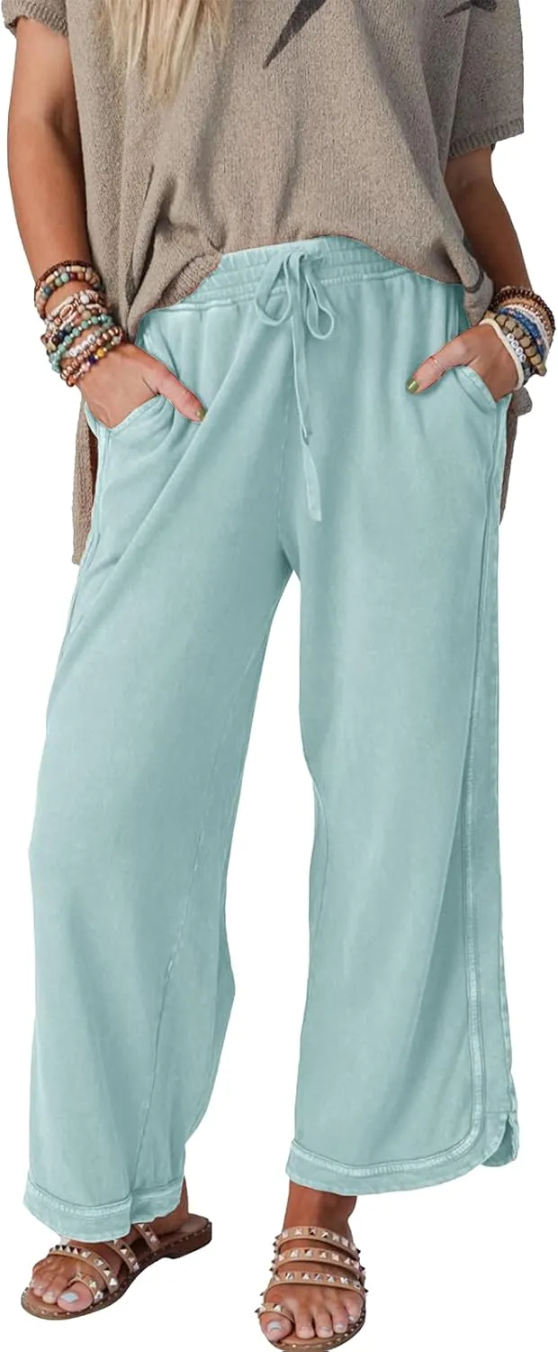 Womens Casual Wide Leg Sweatpants High Waisted Drawstring Palazzo Pants Summer Loose Lounge Pants with Pockets