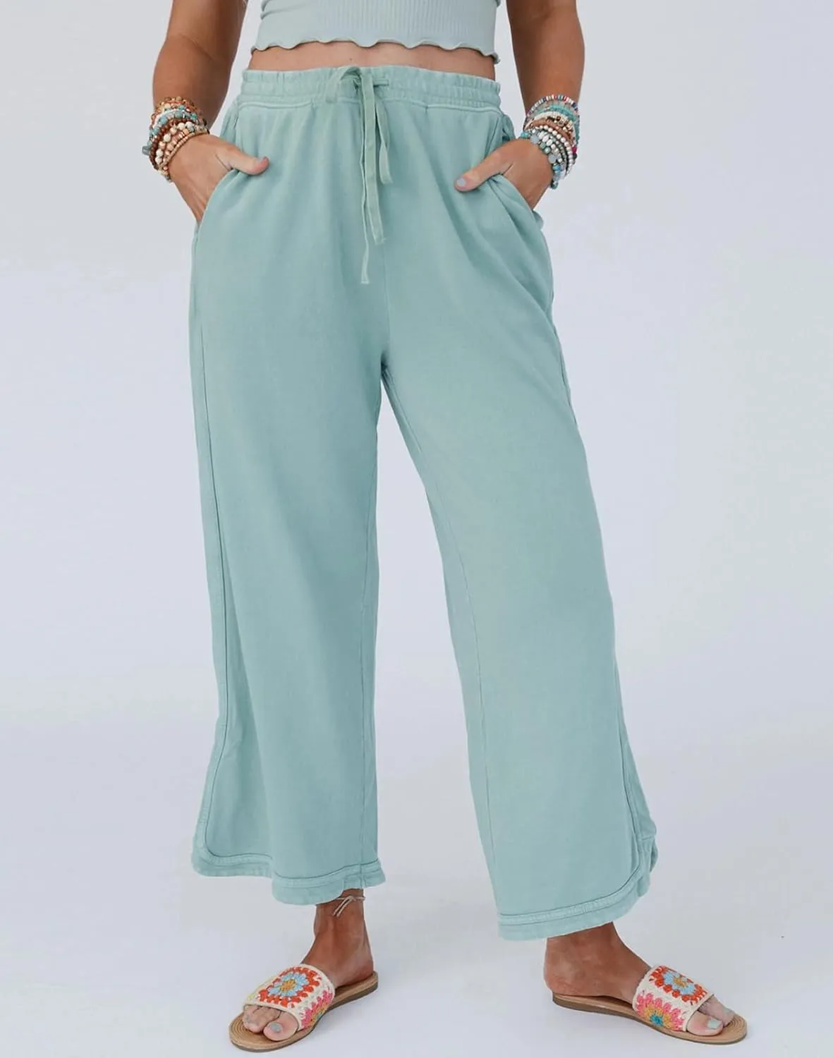 Womens Casual Wide Leg Sweatpants High Waisted Drawstring Palazzo Pants Summer Loose Lounge Pants with Pockets