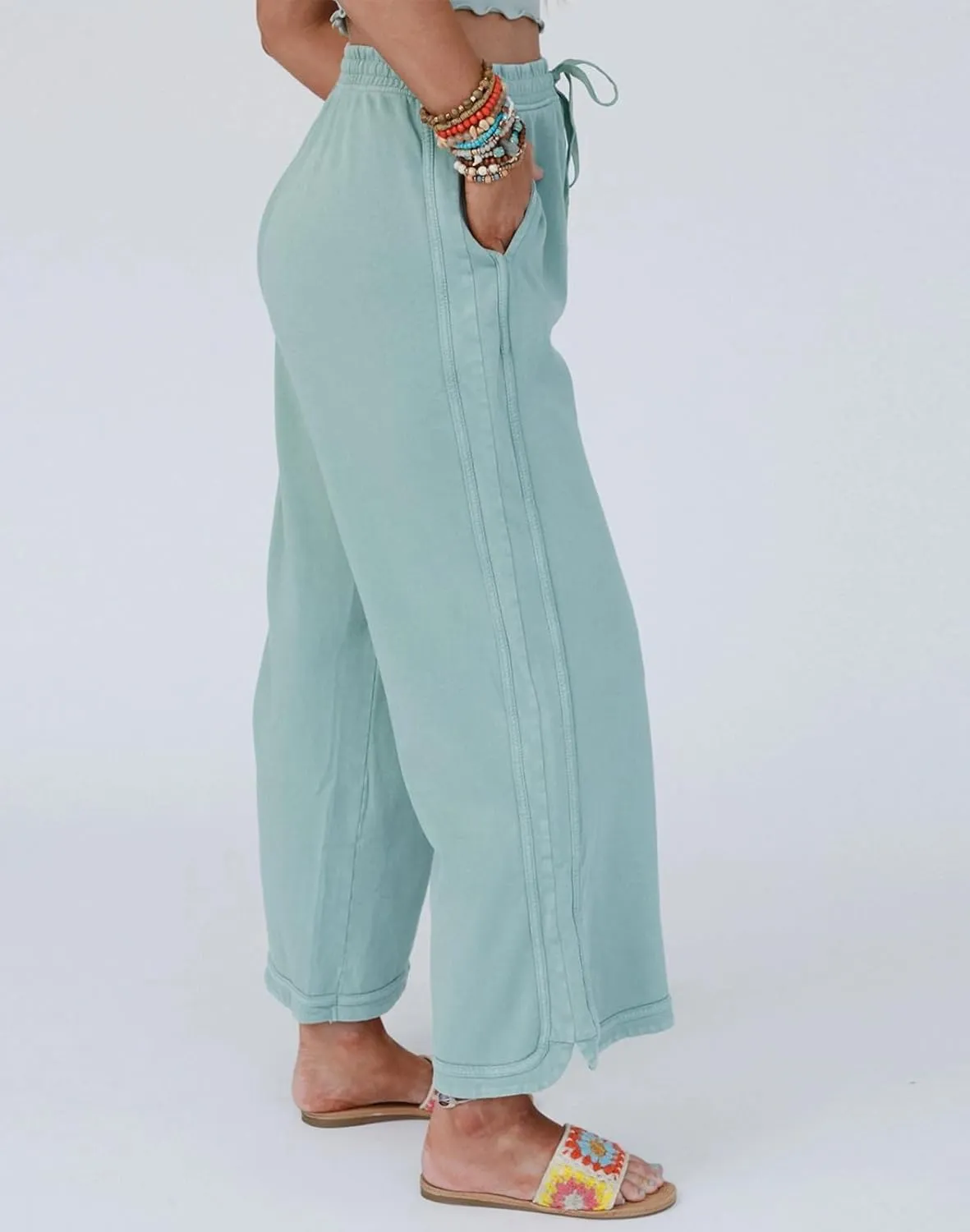 Womens Casual Wide Leg Sweatpants High Waisted Drawstring Palazzo Pants Summer Loose Lounge Pants with Pockets