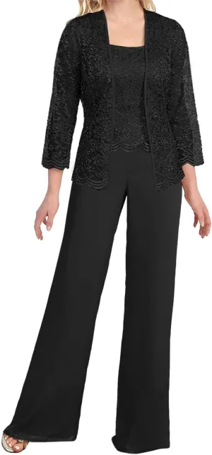 Women's Chiffon Lace Mother of The Bride Pants Suits 3 Pieces Evening Formal Dress Outfit Prom Wedding Party Gowns