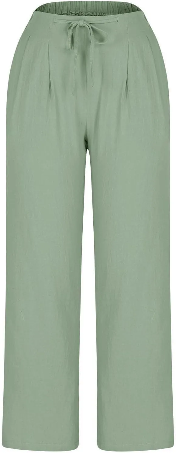 Women's Cotton Linen Pants Drawstring Waist Wide Leg Lightweight Casual Palazzo Trousers Summer Beach Pants