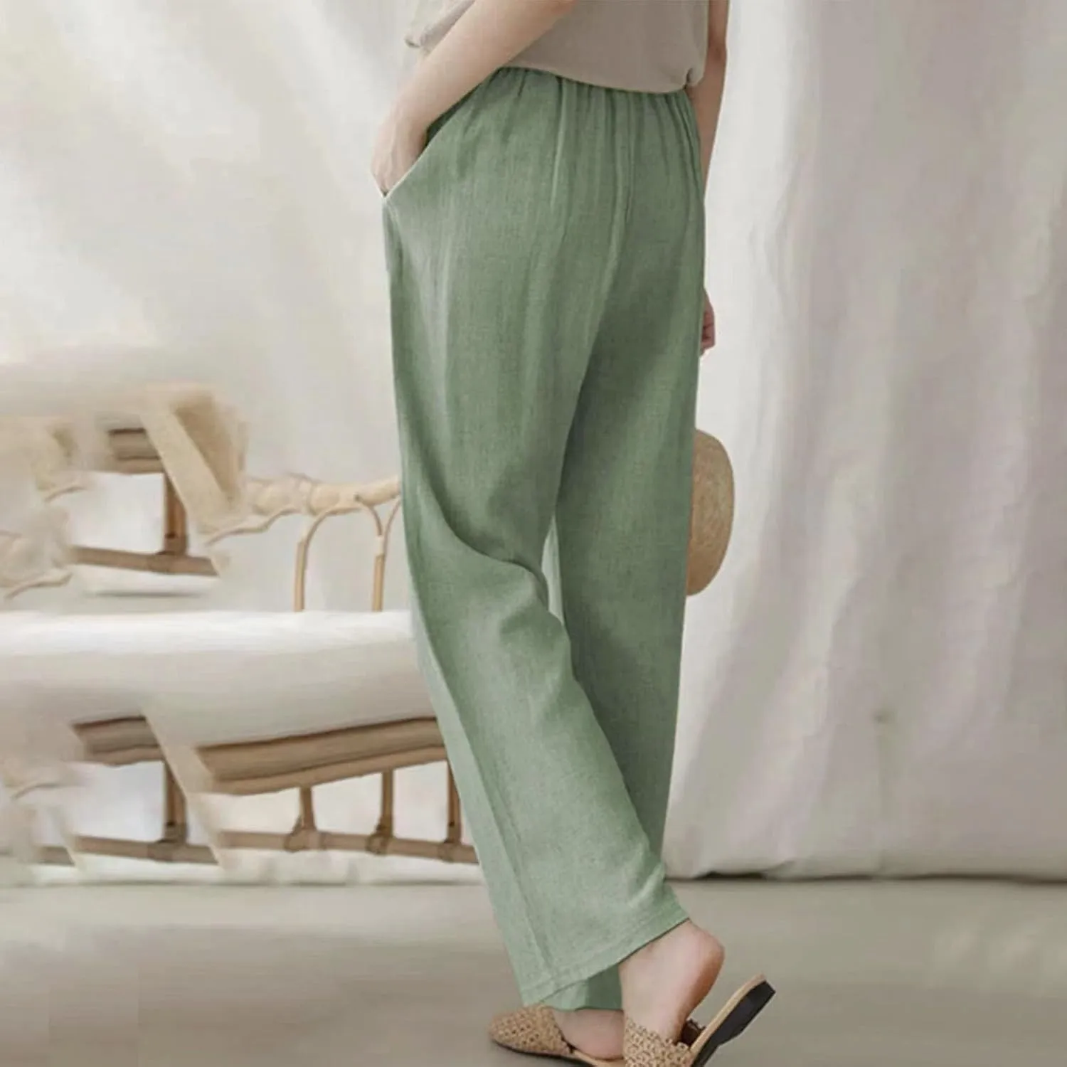 Women's Cotton Linen Pants Drawstring Waist Wide Leg Lightweight Casual Palazzo Trousers Summer Beach Pants