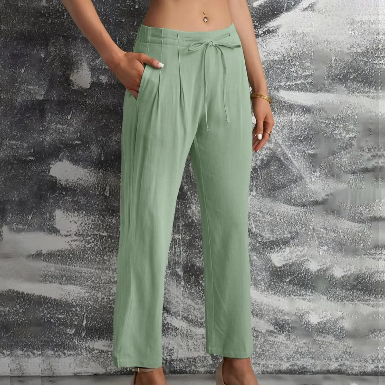 Women's Cotton Linen Pants Drawstring Waist Wide Leg Lightweight Casual Palazzo Trousers Summer Beach Pants