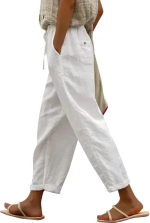Womens Cotton Linen Pants Summer Casual Elastic High Waist Wide Leg Beach Capris Plus Size Cropped Trousers Pockets