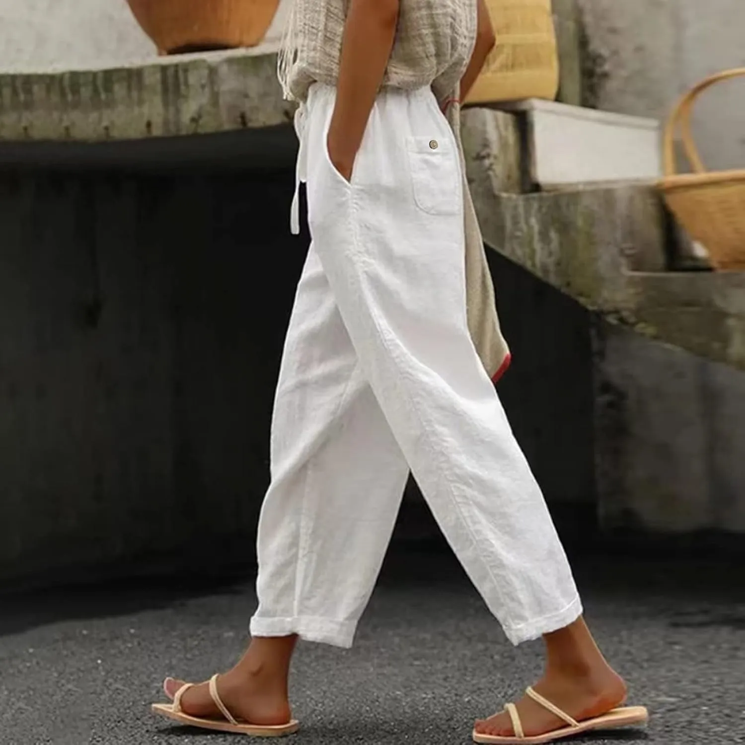 Womens Cotton Linen Pants Summer Casual Elastic High Waist Wide Leg Beach Capris Plus Size Cropped Trousers Pockets