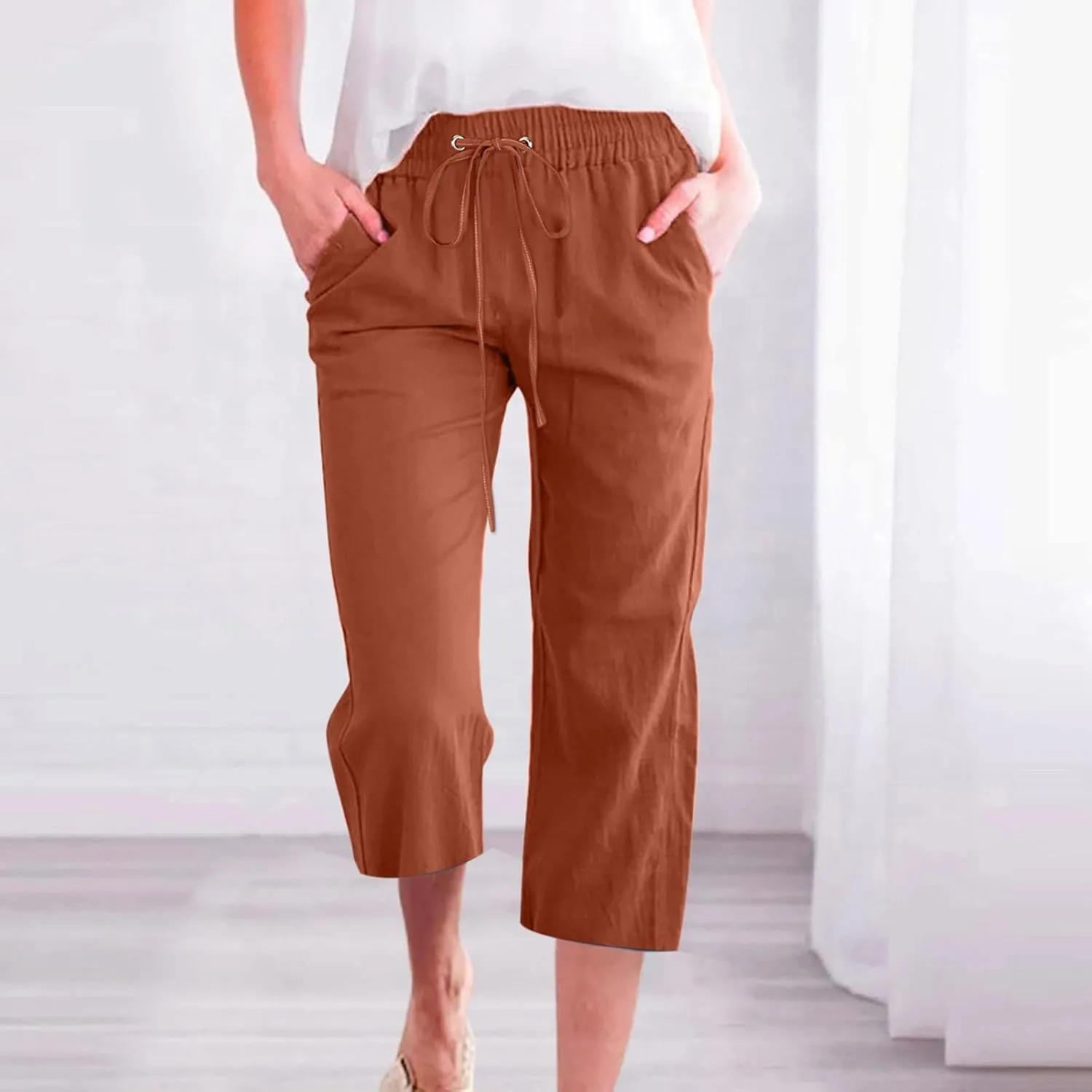 Women's Cotton Linen Summer Fashion Pant Trousers Low Waist Baggy Stretchy Loose Fit Pant Trousers Business Work