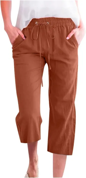 Women's Cotton Linen Summer Fashion Pant Trousers Low Waist Baggy Stretchy Loose Fit Pant Trousers Business Work
