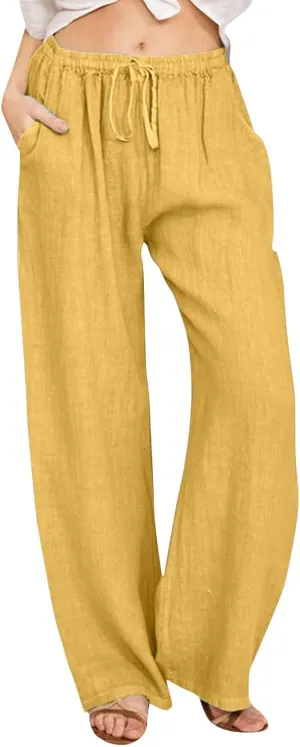 Womens Cotton Linen Summer Lightweigt Pants Elastic Waisted Stretchy Slim-Fit Pant Trousers Trendy