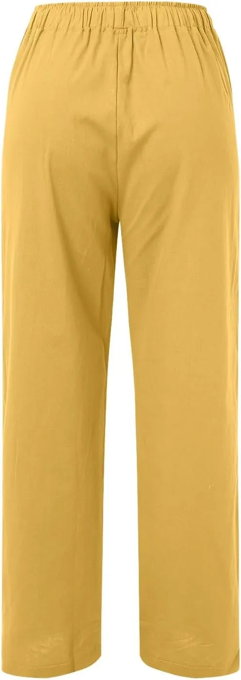 Womens Cotton Linen Summer Lightweigt Pants Elastic Waisted Stretchy Slim-Fit Pant Trousers Trendy