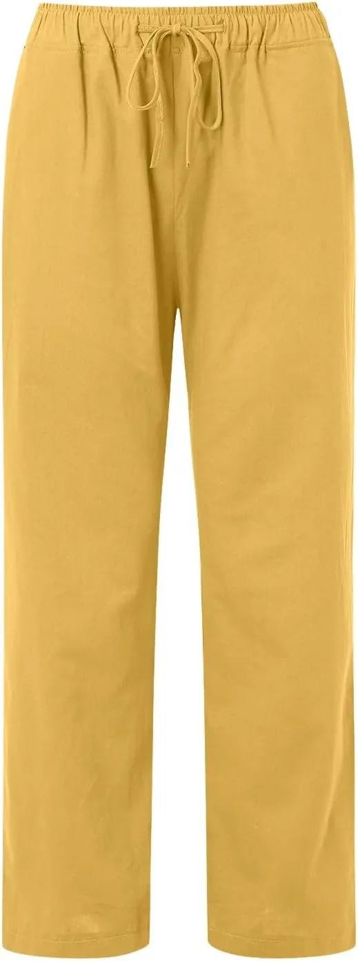 Womens Cotton Linen Summer Lightweigt Pants Elastic Waisted Stretchy Slim-Fit Pant Trousers Trendy