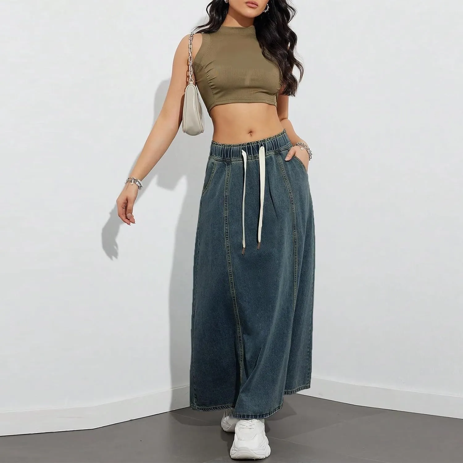 Women's Denim Drawstring Long Skirts Elastic High Waist Maxi Flare Jean Skirt Casual Paperbag A Line Beach Skirt