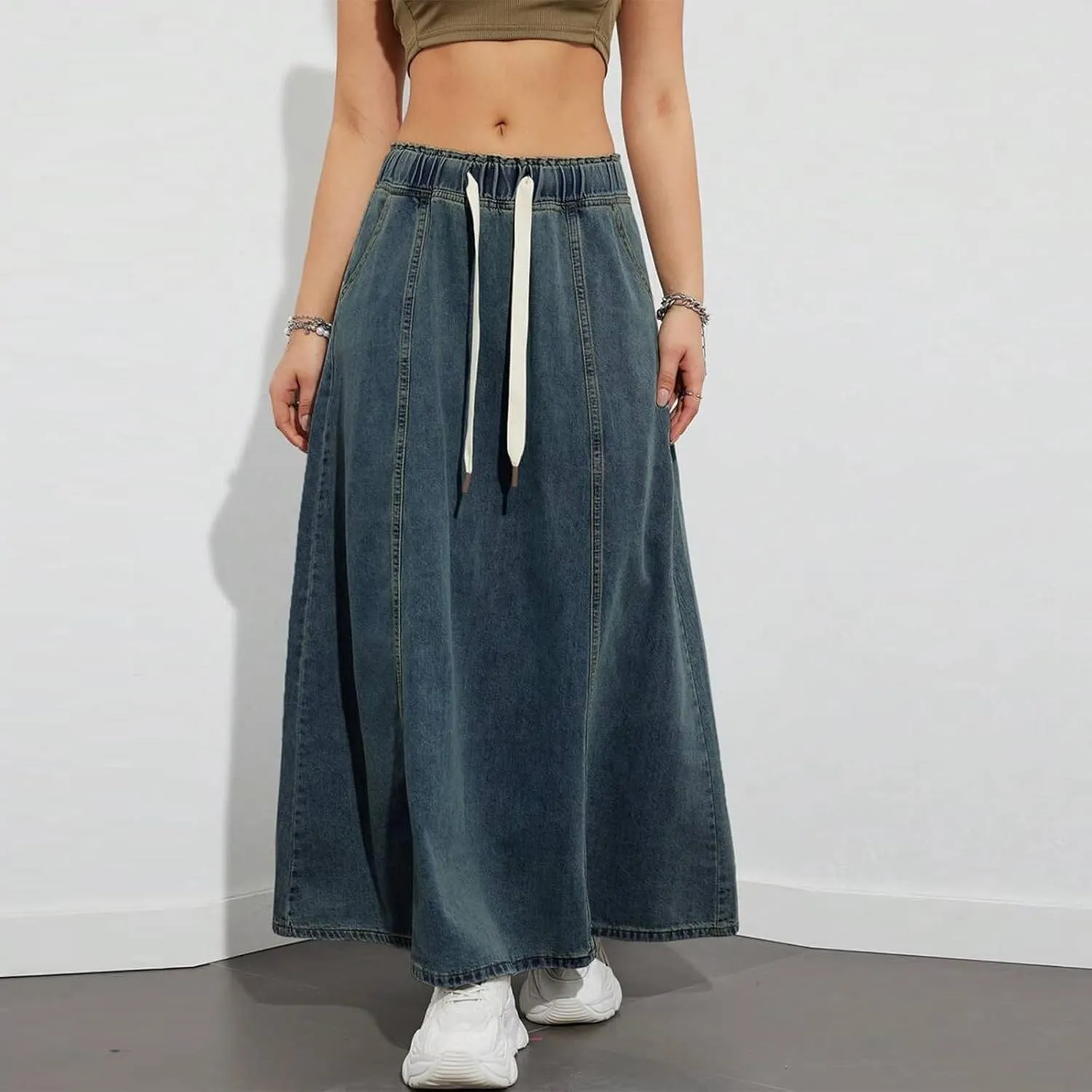 Women's Denim Drawstring Long Skirts Elastic High Waist Maxi Flare Jean Skirt Casual Paperbag A Line Beach Skirt