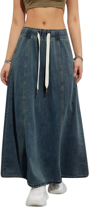 Women's Denim Drawstring Long Skirts Elastic High Waist Maxi Flare Jean Skirt Casual Paperbag A Line Beach Skirt