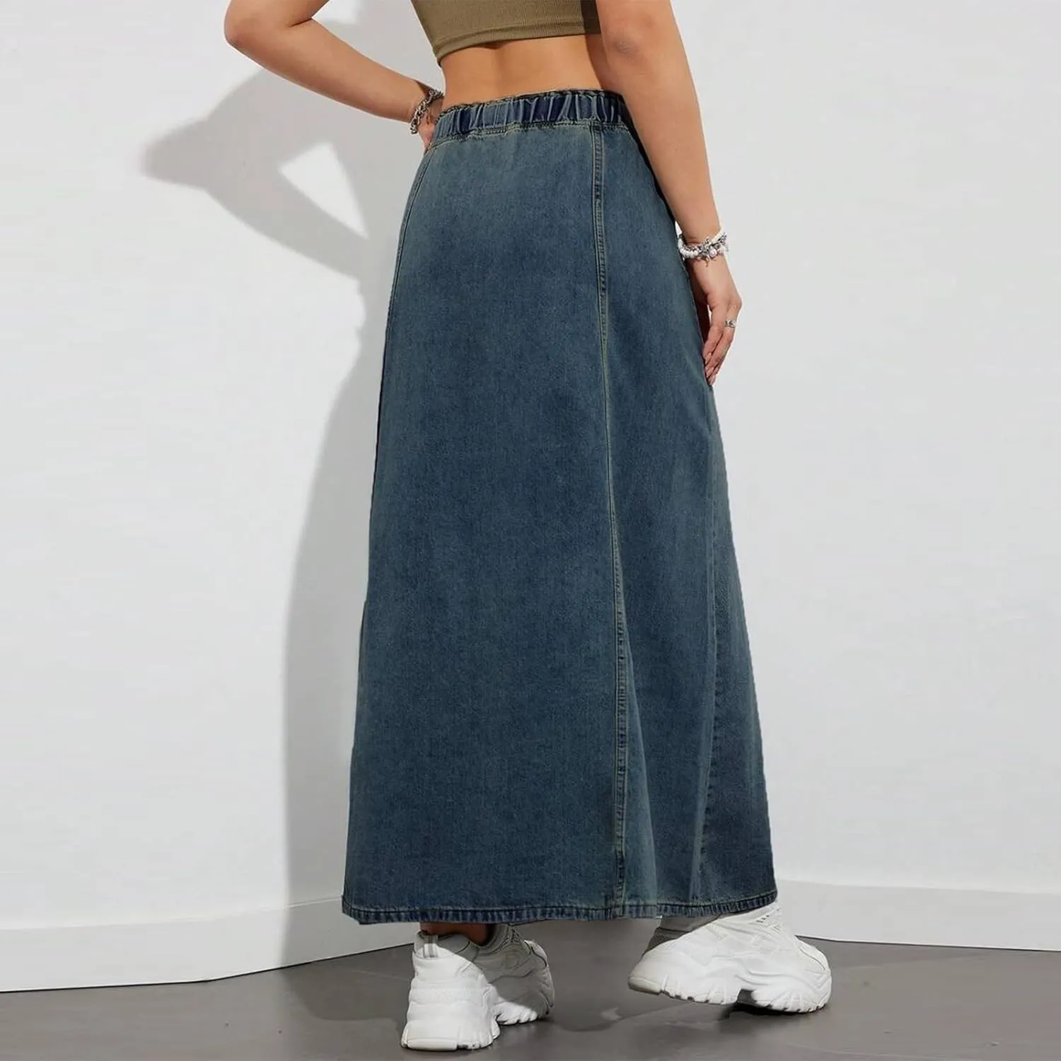 Women's Denim Drawstring Long Skirts Elastic High Waist Maxi Flare Jean Skirt Casual Paperbag A Line Beach Skirt