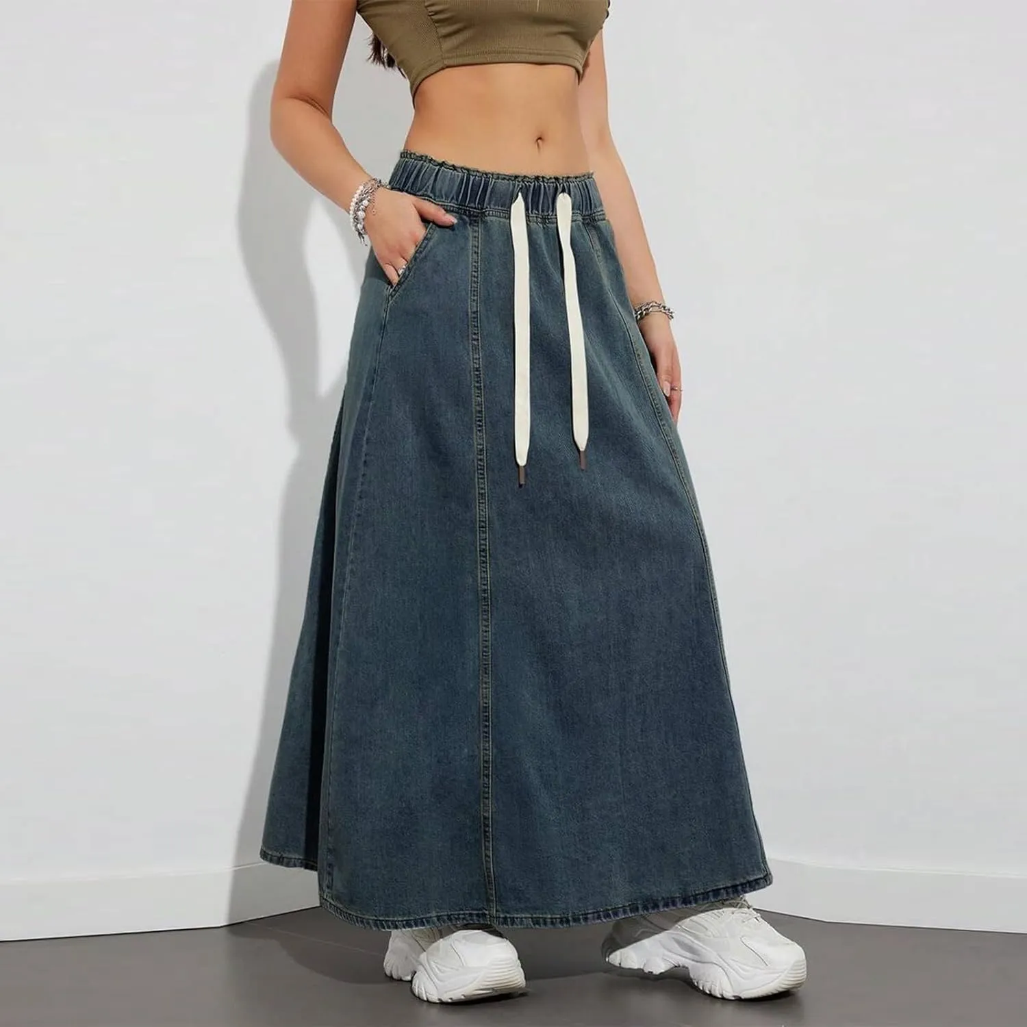 Women's Denim Drawstring Long Skirts Elastic High Waist Maxi Flare Jean Skirt Casual Paperbag A Line Beach Skirt