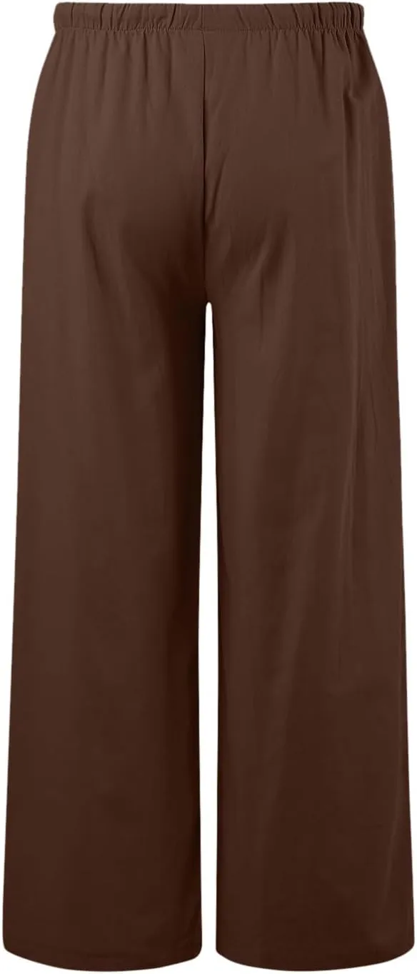 Women's Elastic Beach Linen Blend Linen Capris High Waisted Summer Elastic Waist Loose Fitting with Pockets Casual