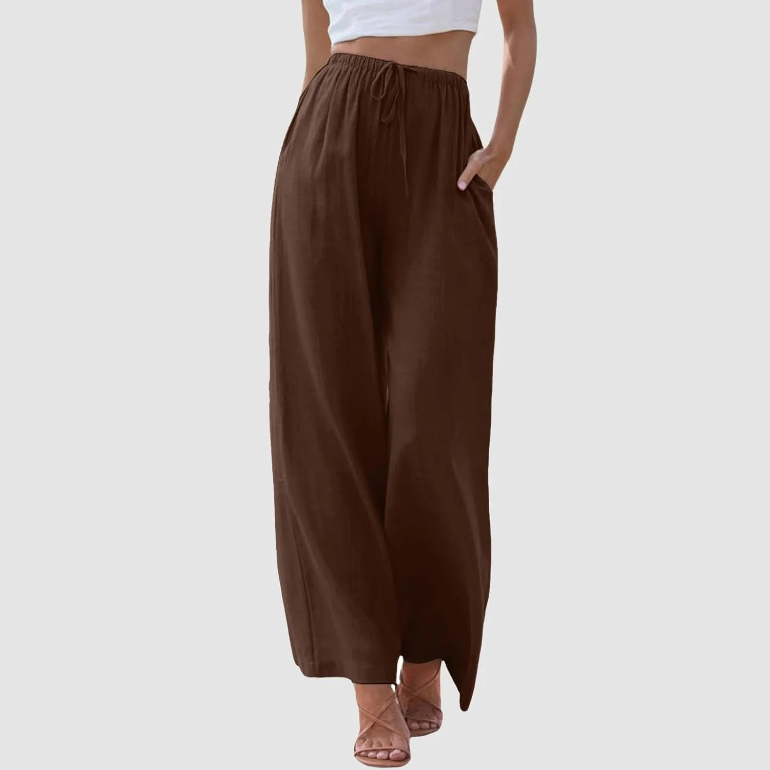 Women's Elastic Beach Linen Blend Linen Capris High Waisted Summer Elastic Waist Loose Fitting with Pockets Casual