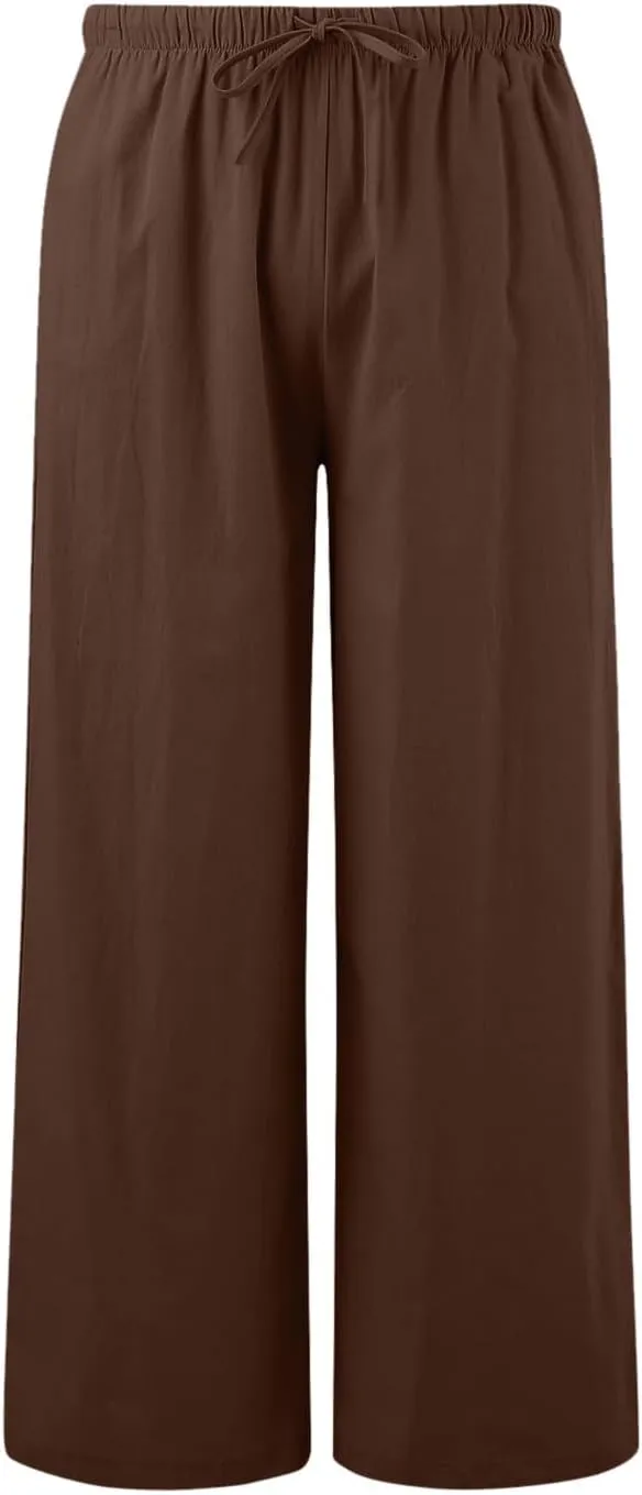 Women's Elastic Beach Linen Blend Linen Capris High Waisted Summer Elastic Waist Loose Fitting with Pockets Casual