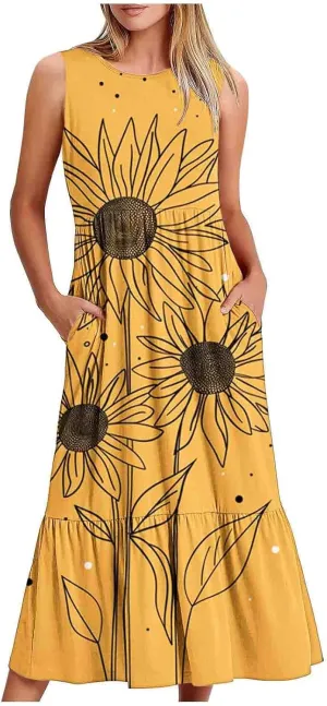 Women's Elegant Midi Dress Casual Round Neck Sleeveless Tiered Ruffle Work Dresses Summer Floral Tank Dress