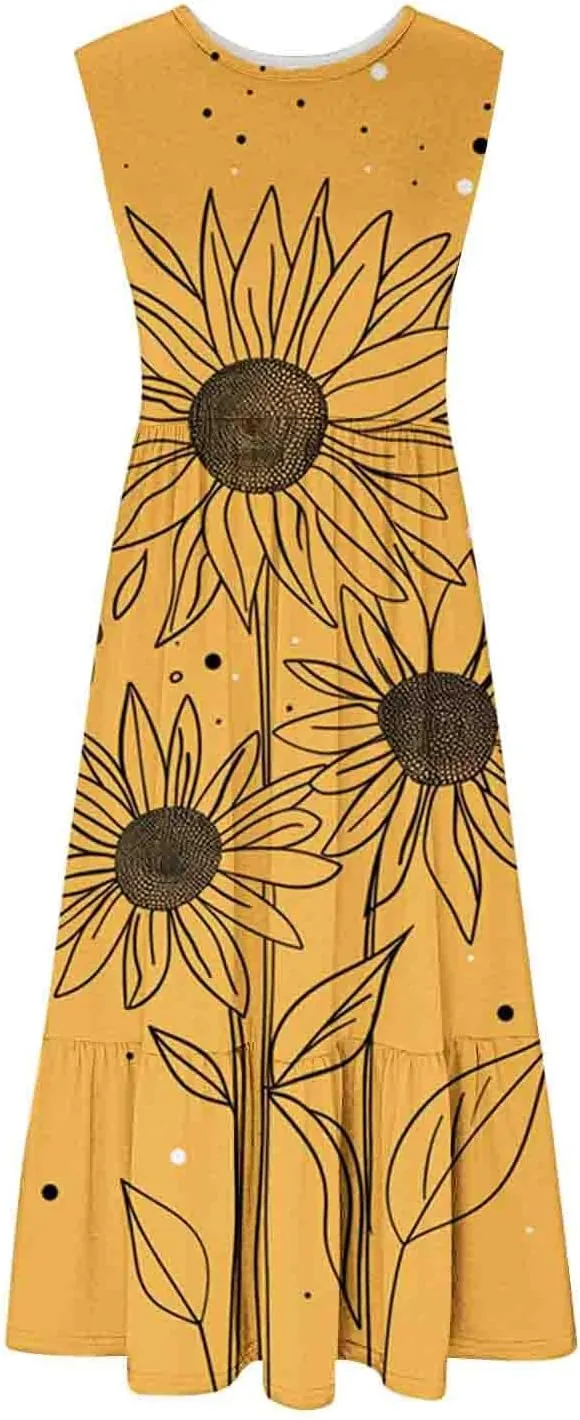 Women's Elegant Midi Dress Casual Round Neck Sleeveless Tiered Ruffle Work Dresses Summer Floral Tank Dress