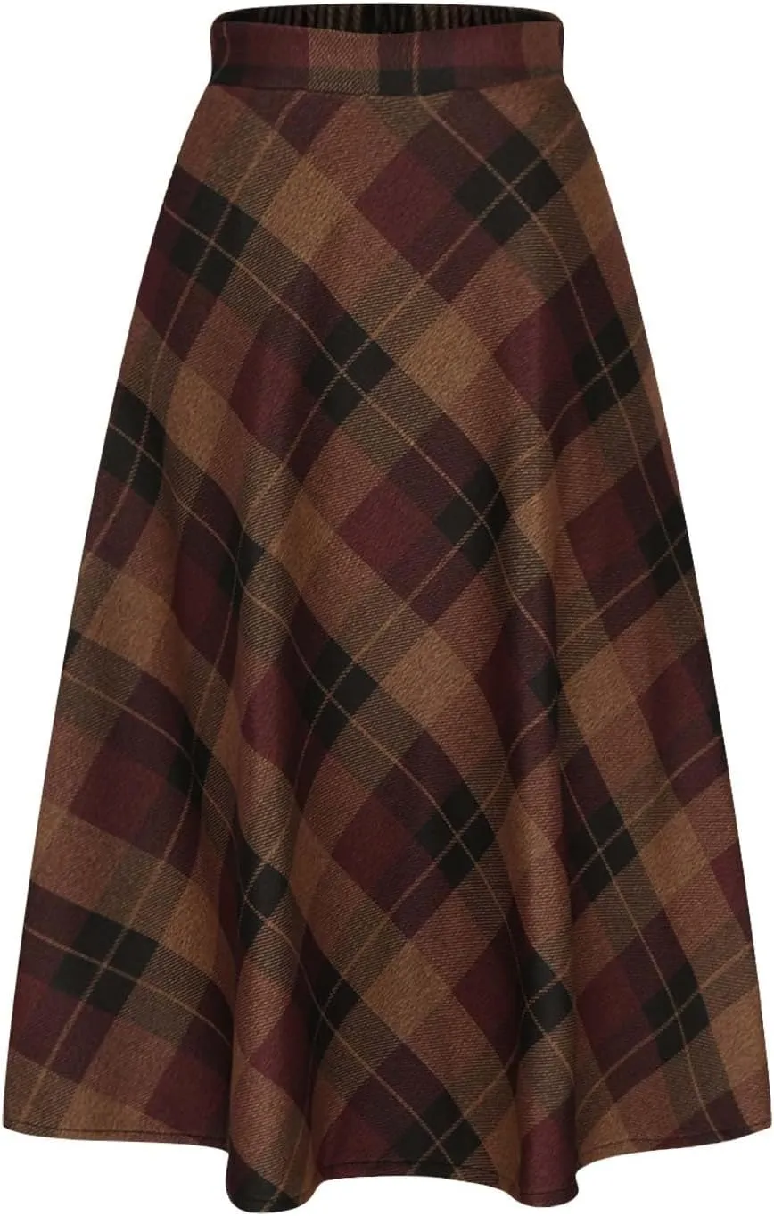 Women's High Waist Plaid A Line Skirts Vintage Elastic Pleated Plus Size Skirt Retro Elegant Business Dress