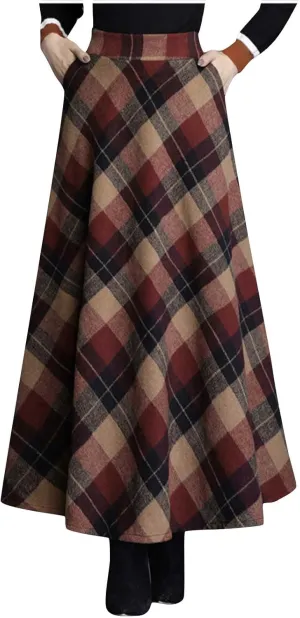 Women's High Waist Plaid A Line Skirts Vintage Elastic Pleated Plus Size Skirt Retro Elegant Business Dress