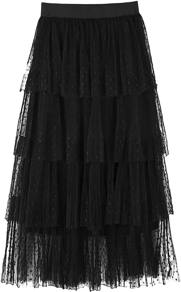 Women's High Waist Pleated Layer Skirts Midi A Line Skirt