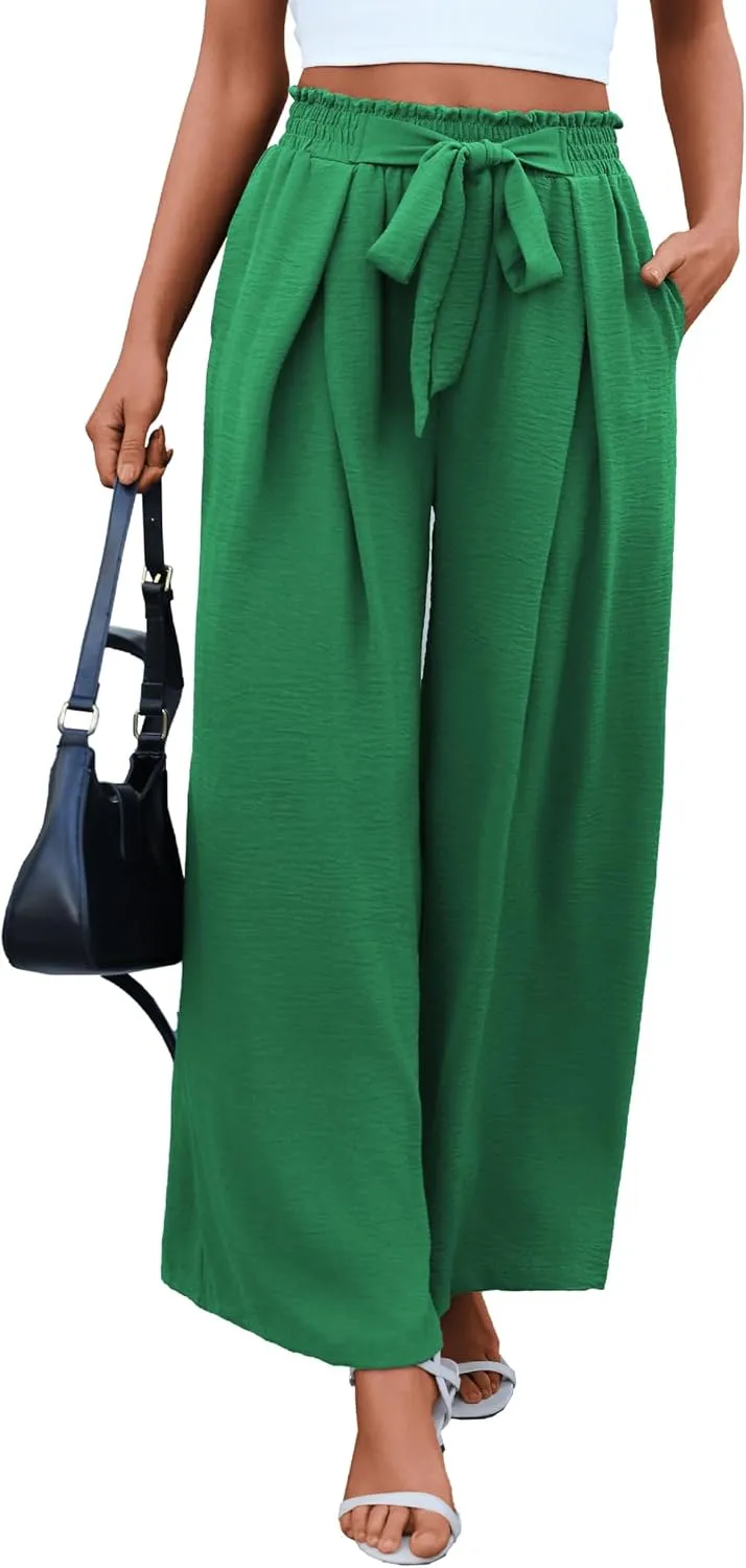 Women's High Waist Wide Leg Long Palazzo Pants Front Knot Tie Elastic Trousers with Pockets Lounge Business Work Pants