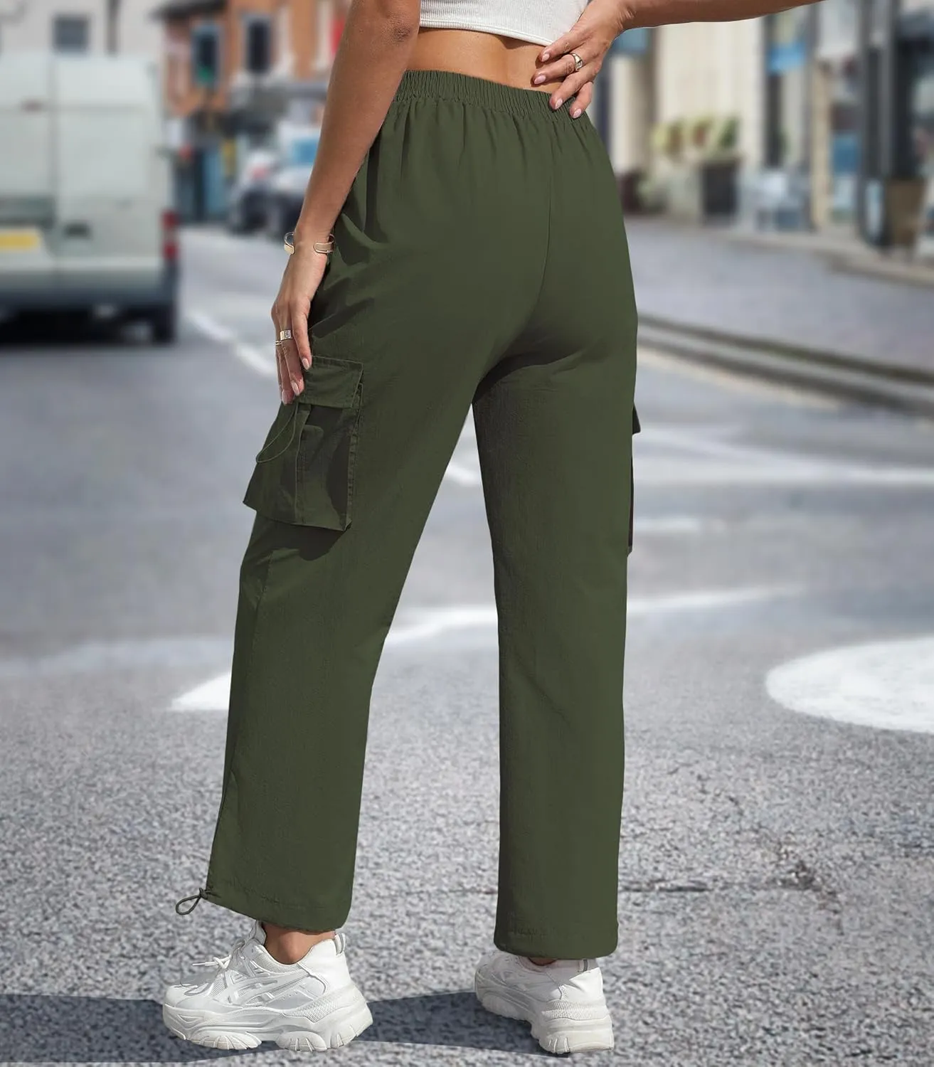 Women's High Waisted Cargo Pants Baggy Trendy Hiking Parachute Pants with Pockets Y2K Cargo Trousers Drawstring Ankles