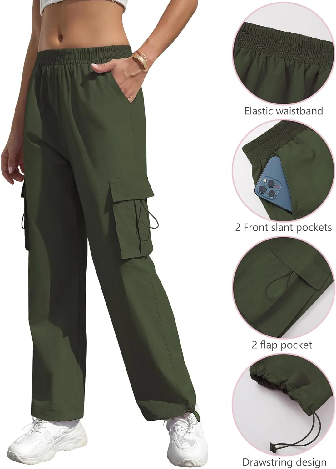 Women's High Waisted Cargo Pants Baggy Trendy Hiking Parachute Pants with Pockets Y2K Cargo Trousers Drawstring Ankles