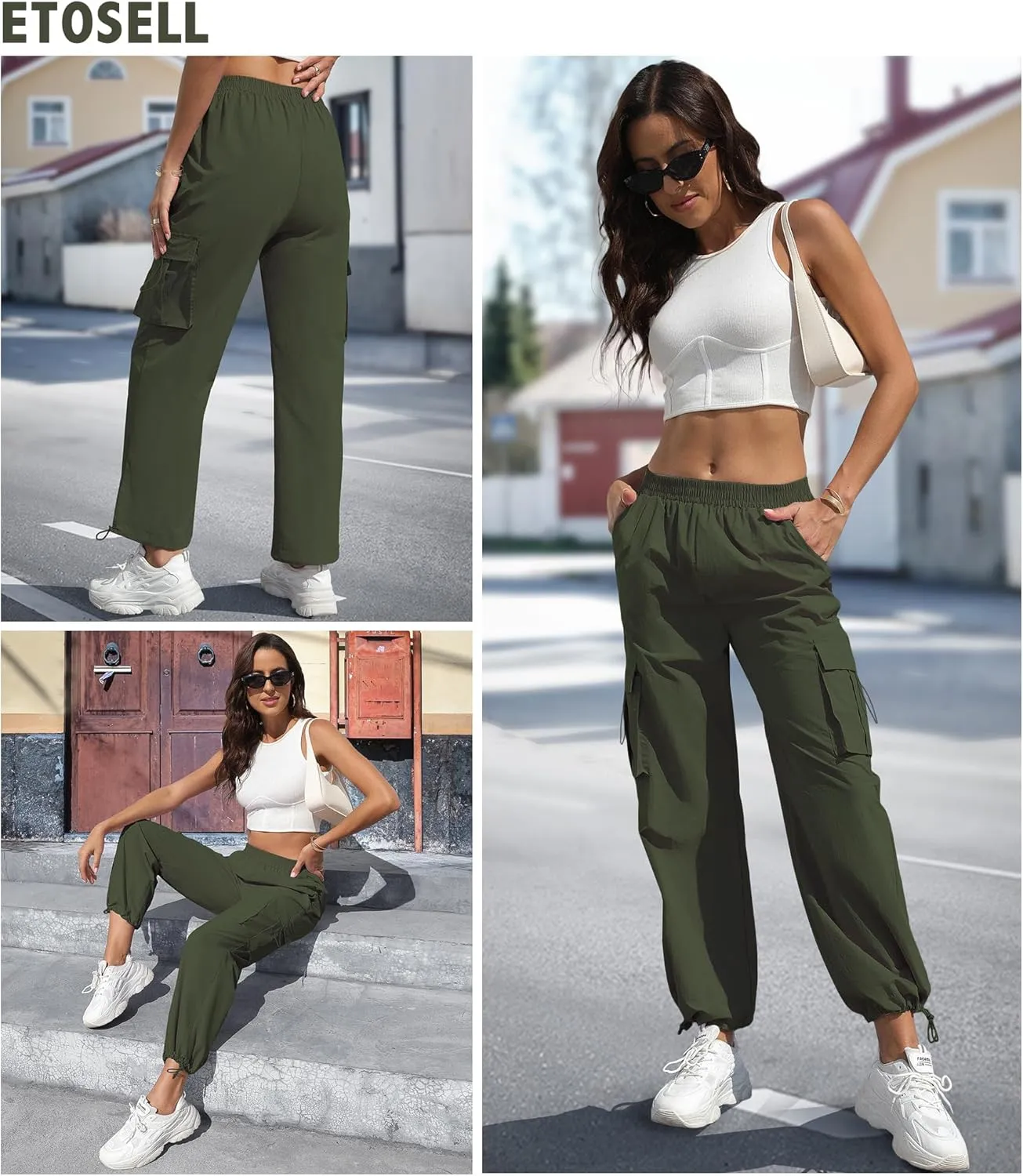 Women's High Waisted Cargo Pants Baggy Trendy Hiking Parachute Pants with Pockets Y2K Cargo Trousers Drawstring Ankles