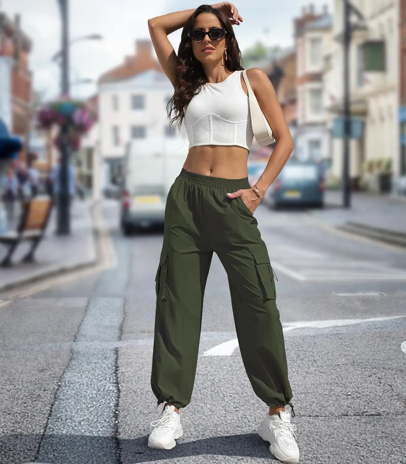 Women's High Waisted Cargo Pants Baggy Trendy Hiking Parachute Pants with Pockets Y2K Cargo Trousers Drawstring Ankles