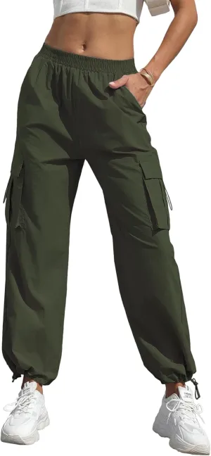 Women's High Waisted Cargo Pants Baggy Trendy Hiking Parachute Pants with Pockets Y2K Cargo Trousers Drawstring Ankles