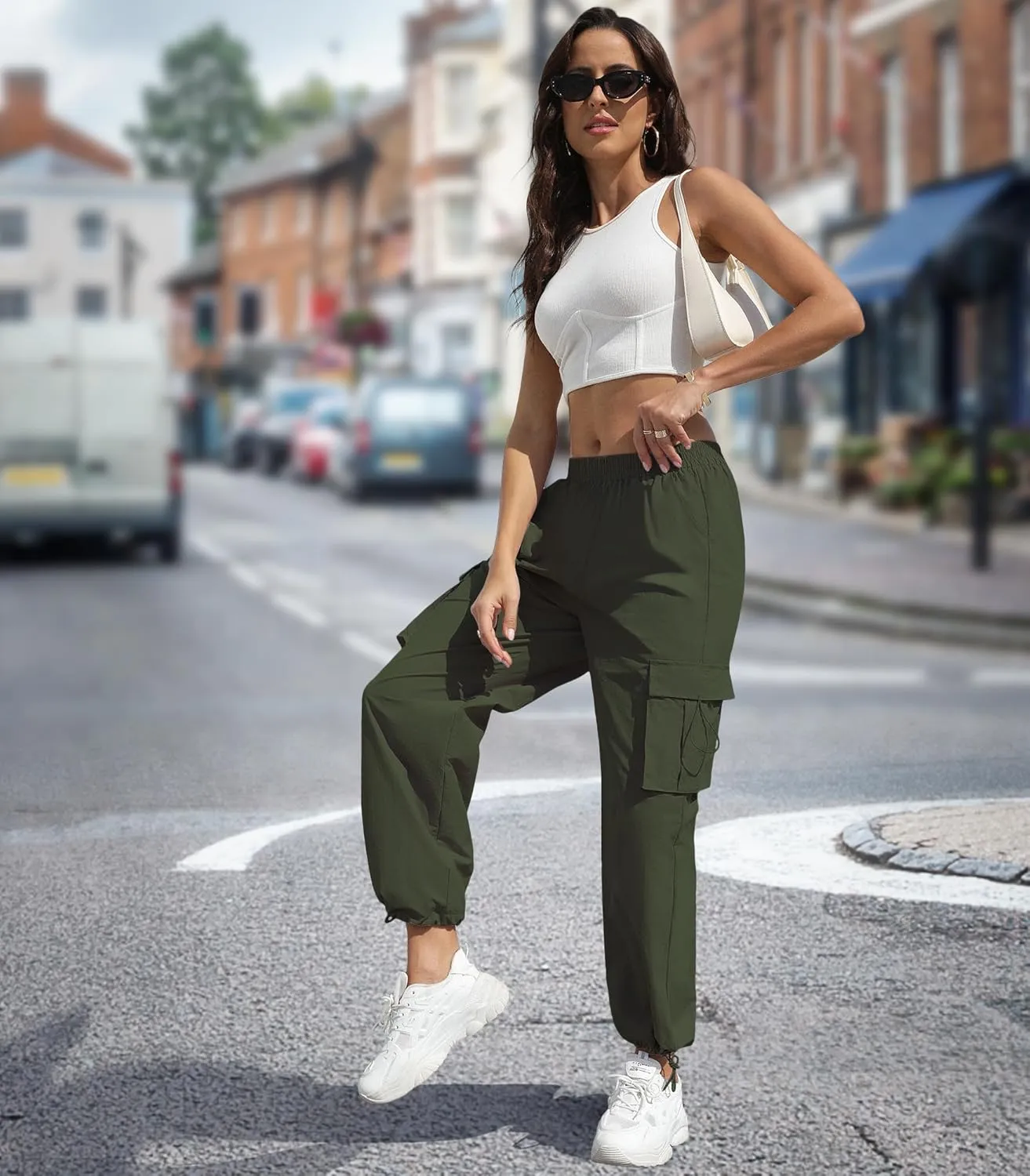 Women's High Waisted Cargo Pants Baggy Trendy Hiking Parachute Pants with Pockets Y2K Cargo Trousers Drawstring Ankles