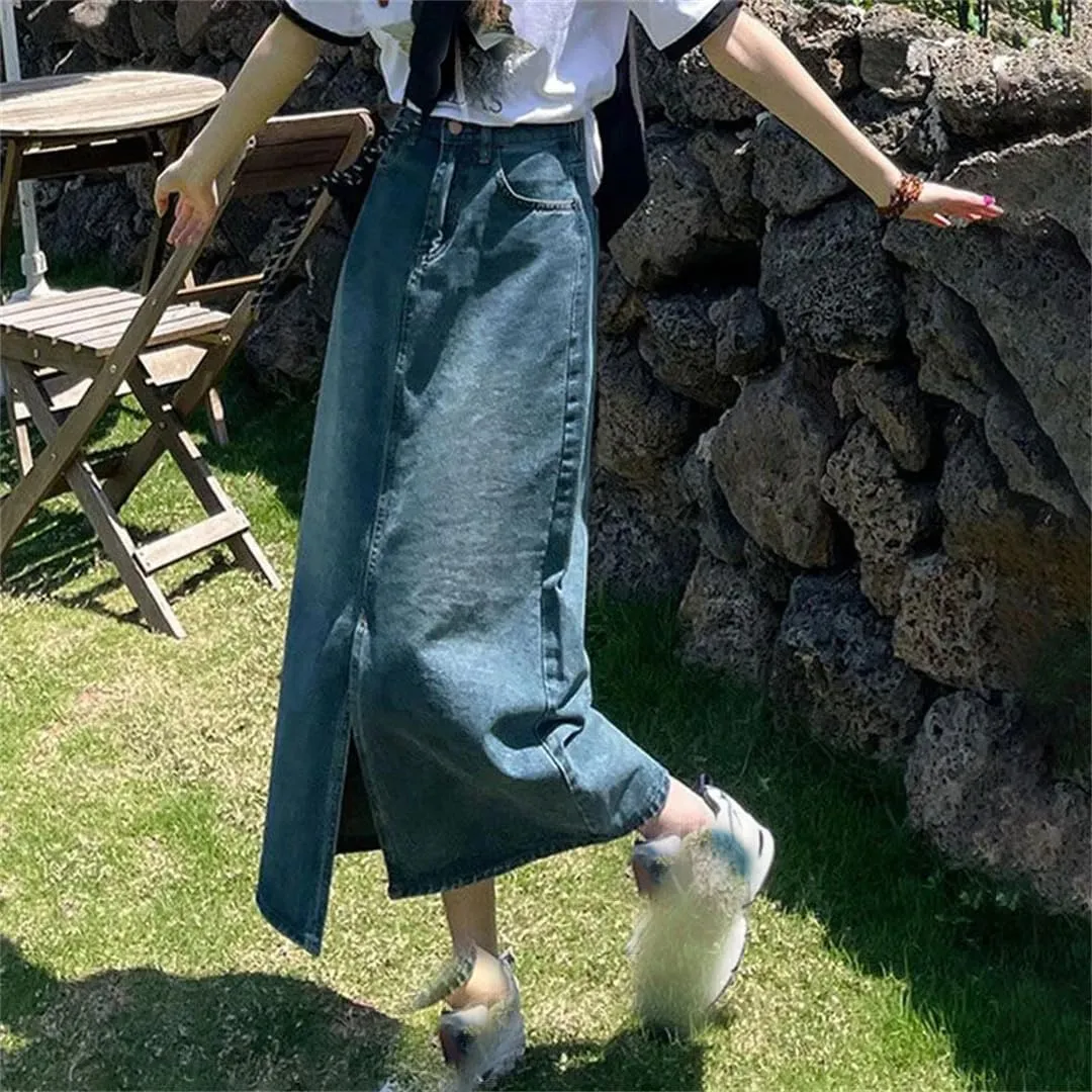Women's High Waisted Front Slit Denim Midi Skirt 5-Pocket Casual Loose Jean Skirts for Work