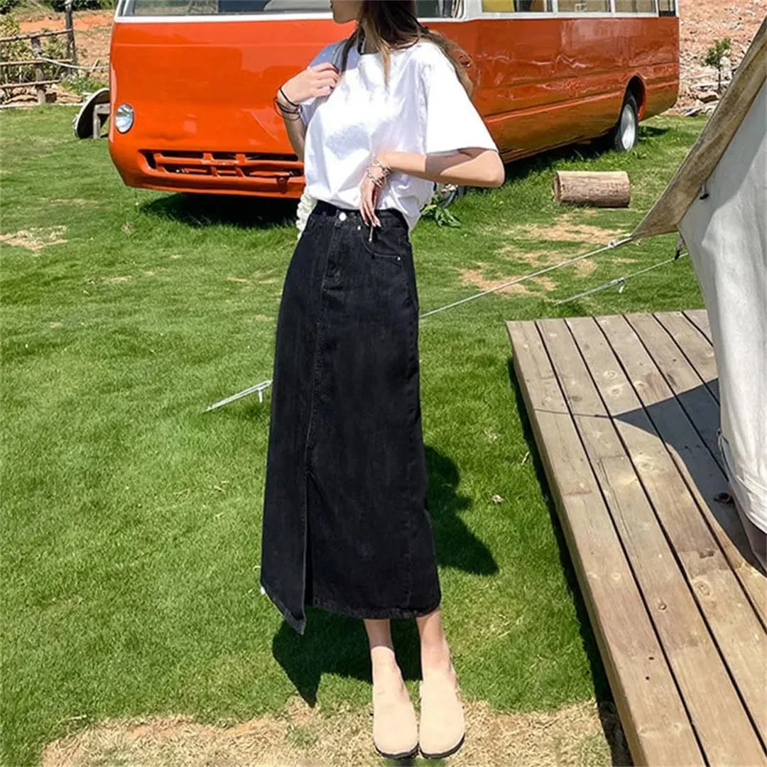 Women's High Waisted Front Slit Denim Midi Skirt 5-Pocket Casual Loose Jean Skirts for Work