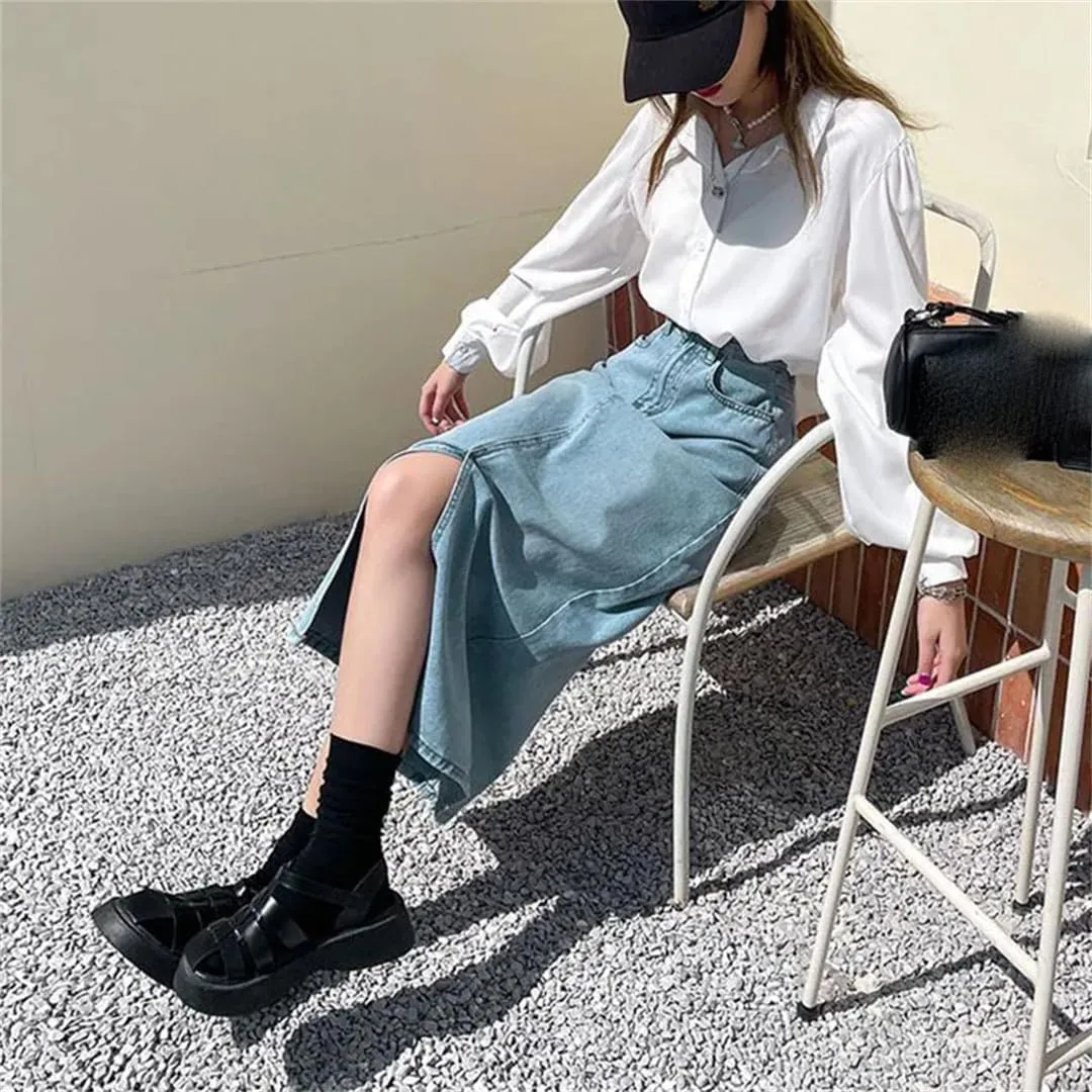 Women's High Waisted Front Slit Denim Midi Skirt 5-Pocket Casual Loose Jean Skirts for Work