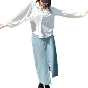 Women's High Waisted Front Slit Denim Midi Skirt 5-Pocket Casual Loose Jean Skirts for Work