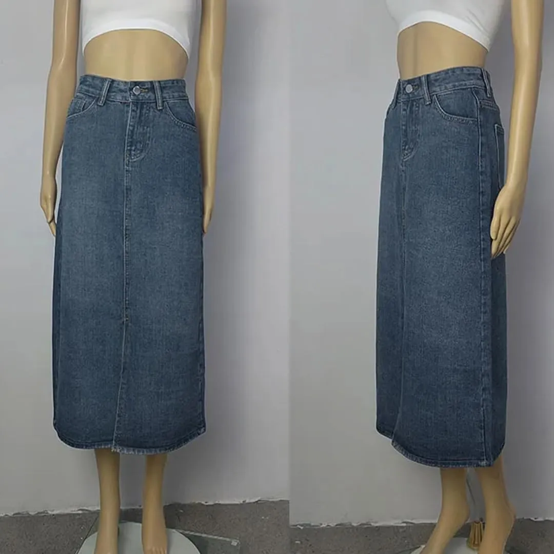 Women's High Waisted Front Slit Denim Midi Skirt 5-Pocket Casual Loose Jean Skirts for Work