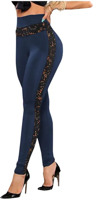 Womens High Waisted Leggings Casual Sexy Comfy Side Lace Mesh Sheer Tummy Control Stretchy Fitness Yoga Tights Pants