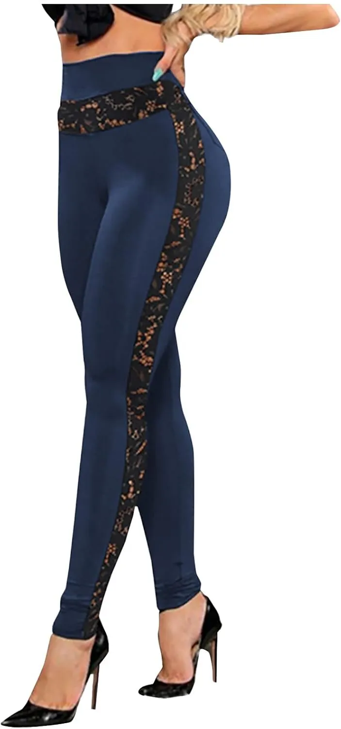 Womens High Waisted Leggings Casual Sexy Comfy Side Lace Mesh Sheer Tummy Control Stretchy Fitness Yoga Tights Pants