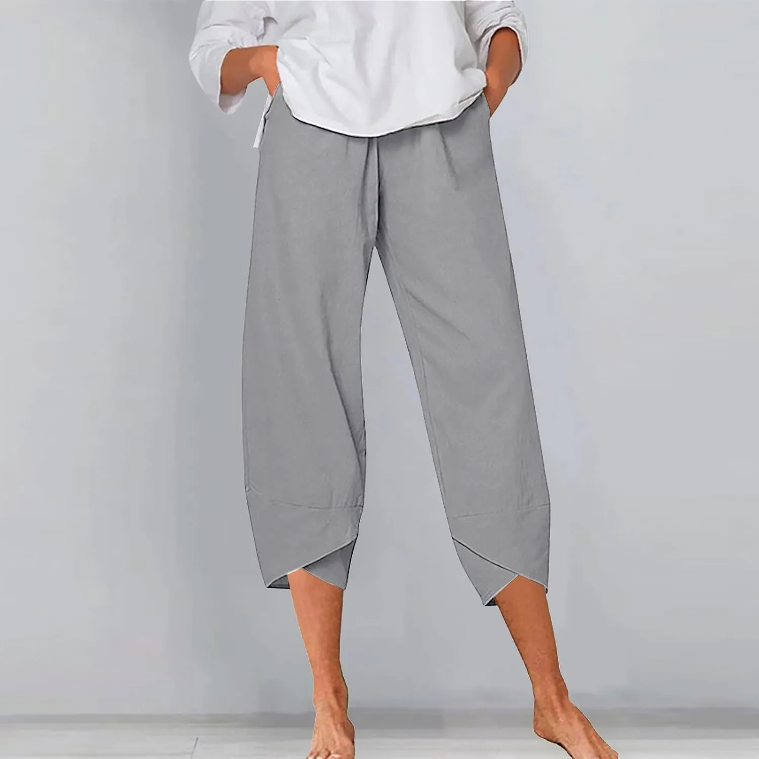 Women's Linen Blend Summer Boho Pants Elastic Waist Wide Leg Slim-Fit Trouser Business Work