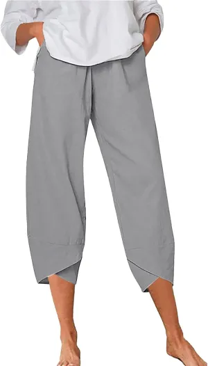 Women's Linen Blend Summer Boho Pants Elastic Waist Wide Leg Slim-Fit Trouser Business Work